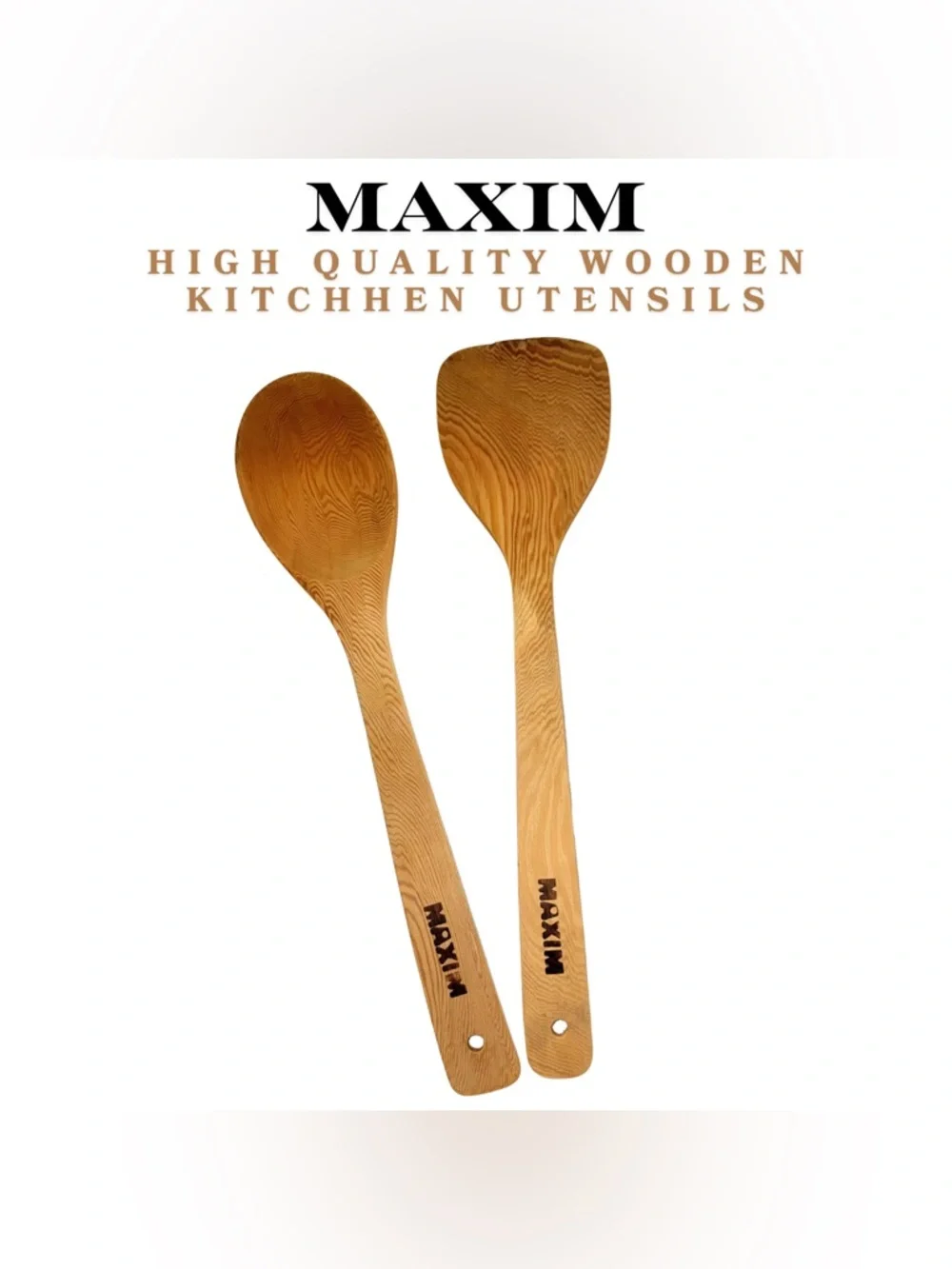 MAXIM Wooden Kitchen Utensils Set Spoon & Spatula‎ Real Wood Heat Resistant